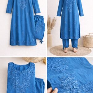 Tone-on-Tone Chikankari Kurta Set – Petrol Blue Elegance